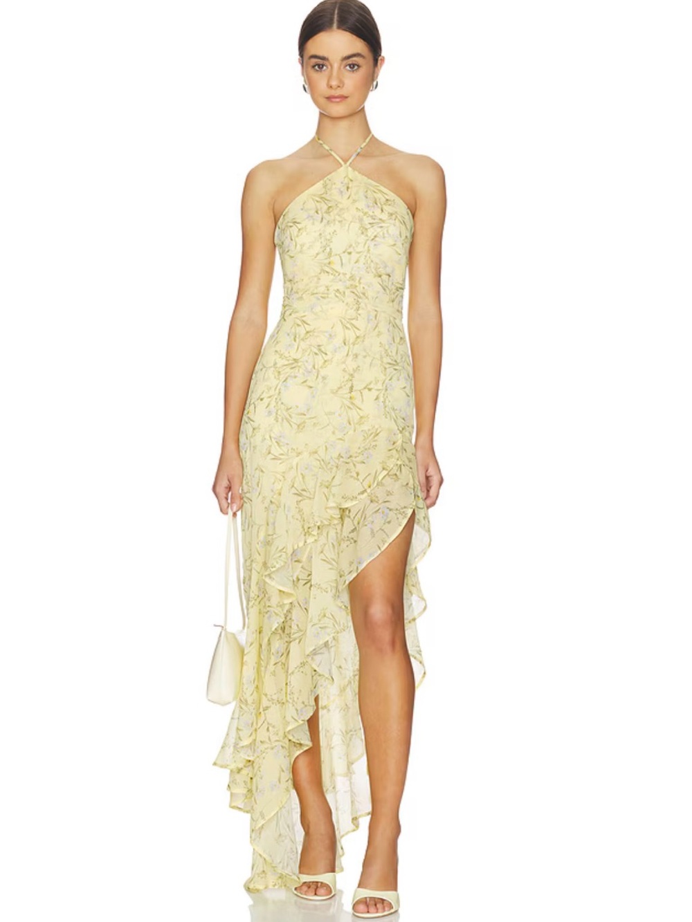 Amanda Uprichard Carlina Halter Ruffle High-Low Dress in Cornsilk